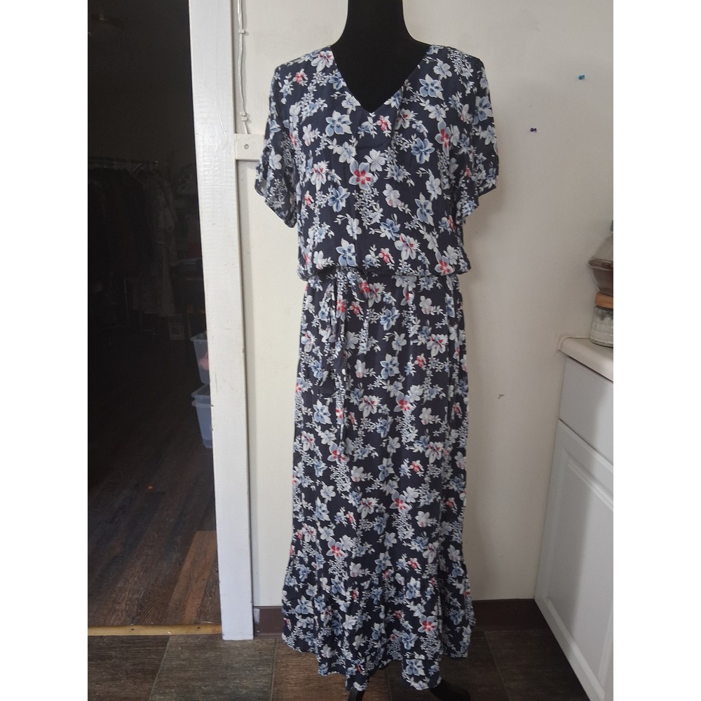 J. Jill Navy Floral Maxi Dress V-Neck Short Sleeve Tie Waist Pockets Medium Tall